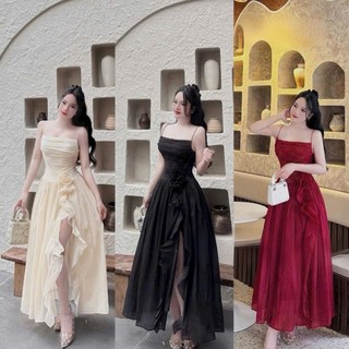 Đầm maxi thời trang nữ chất Ren lưới 2 dây phối tùng váy Tơ nên dáng xoè xẻ tà sang chảnh thiết kế đính hoa eo