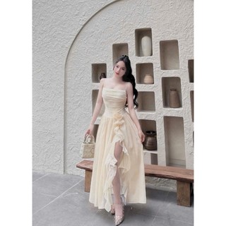 Đầm maxi thời trang nữ chất Ren lưới 2 dây phối tùng váy Tơ nên dáng xoè xẻ tà sang chảnh thiết kế đính hoa eo