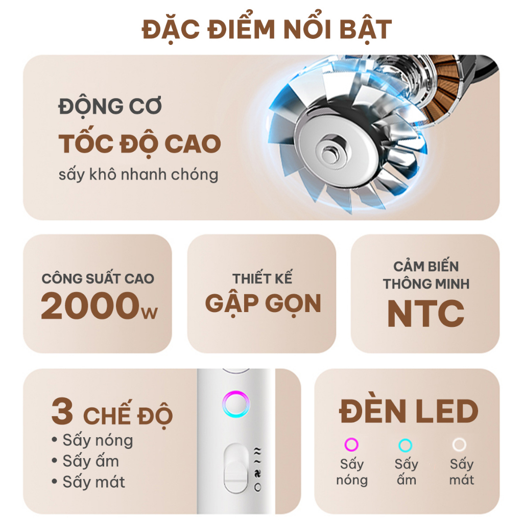 Máy sấy tóc công suất cao CWELL C12 2000W, 3 chế độ sấy đa năng, gấp gọn tiện lợi, sấy nhanh khô | BigBuy360 - bigbuy360.vn