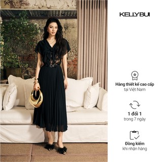 [ KELLYBUI ] Áo sơ mi chiffon phối ren tay ngắn công sở nữ thắt nơ phối cùng chân váy xếp ly đen.
