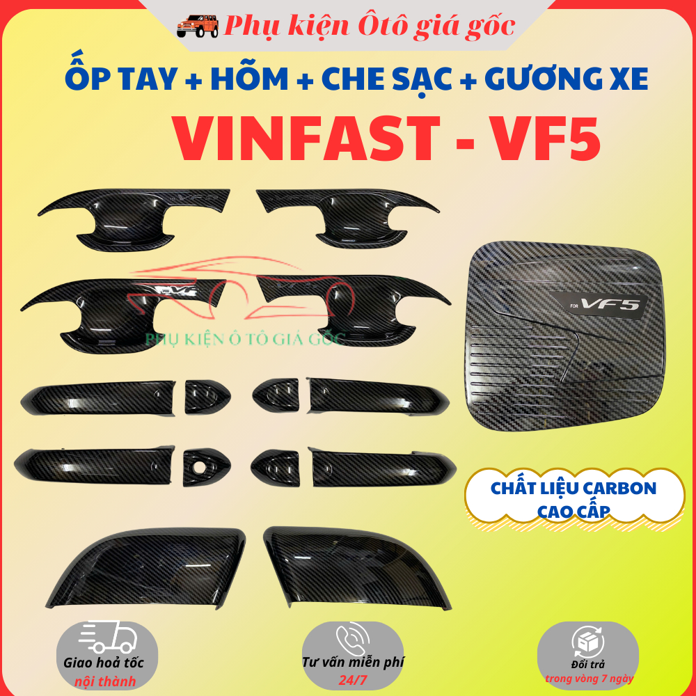 Ốp tay nắm cửa, hõm cửa, nắp che sạc, ốp gương xe Vinfast VF5/Herio Green - chất liệu Carbon cao cấp - chuẩn form xe