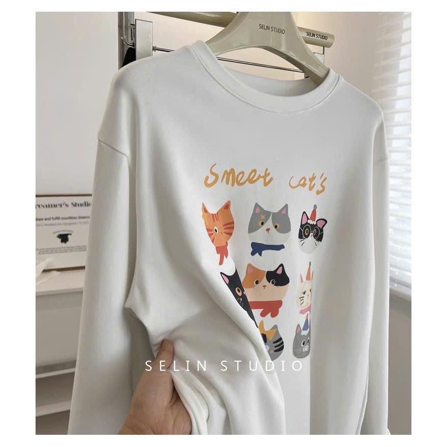 Áo dài tay nữ màu trắng in hình Mèo cá tính JULY FASHION, Áo thun nữ, Áo phông nữ tay dài dáng rộng mặc Thu Đông