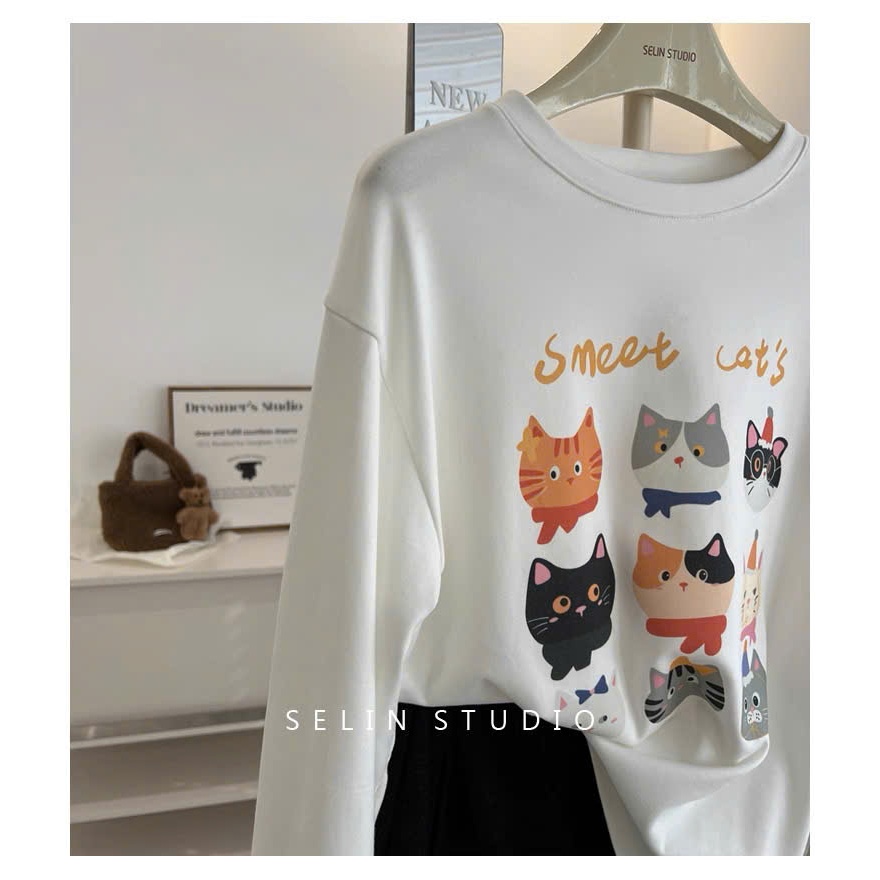 Áo dài tay nữ màu trắng in hình Mèo cá tính JULY FASHION, Áo thun nữ, Áo phông nữ tay dài dáng rộng mặc Thu Đông