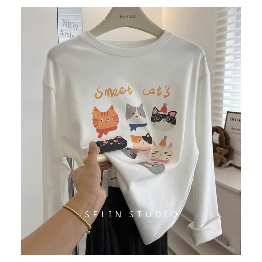Áo dài tay nữ màu trắng in hình Mèo cá tính JULY FASHION, Áo thun nữ, Áo phông nữ tay dài dáng rộng mặc Thu Đông