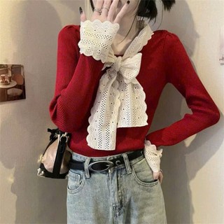 Áo thun nữ tay dài phối ren cổ thắt nơ, áo thun nữ thu đông -LYLYNA 030