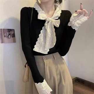 Áo thun nữ tay dài phối ren cổ thắt nơ, áo thun nữ thu đông -LYLYNA 030