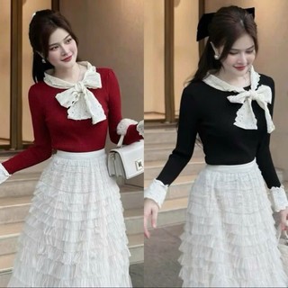 Áo thun nữ tay dài phối ren cổ thắt nơ, áo thun nữ thu đông -LYLYNA 030