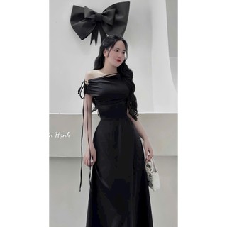 Đầm đi tiệc siêu sang thời trang nữ chất Lụa nhung lệch vai cột dây nơ chiết eo váy maxi dáng suông
