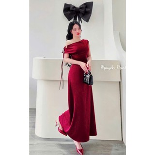 Đầm đi tiệc siêu sang thời trang nữ chất Lụa nhung lệch vai cột dây nơ chiết eo váy maxi dáng suông