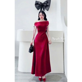 Đầm đi tiệc siêu sang thời trang nữ chất Lụa nhung lệch vai cột dây nơ chiết eo váy maxi dáng suông