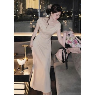 Đầm đi tiệc siêu sang thời trang nữ chất Lụa nhung lệch vai cột dây nơ chiết eo váy maxi dáng suông