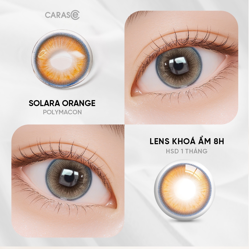 [1 chiếc] Kính áp tròng khoá ẩm 8H 1 Tháng Màu Cam Ánh Đồng Viền Xanh CARASE, Lens cận SOLARA ORANGE