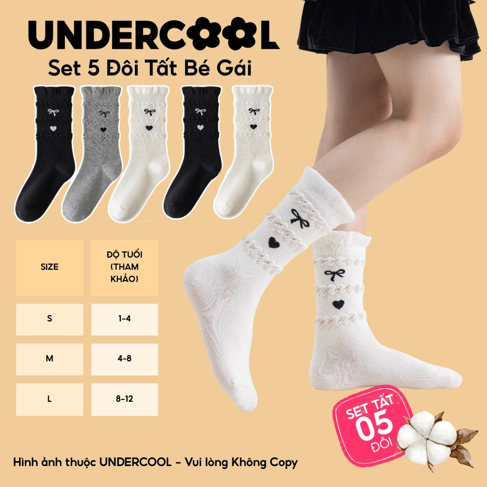 Combo 5 đôi tất cổ cao cotton cho bé gái UNDERCOOL, cổ bèo, hoạ tiết tim nơ, tất bé gái mềm mại tất bé gái cb-tc104