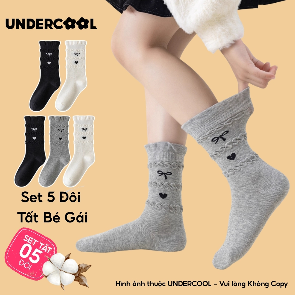 Combo 5 đôi tất cổ cao cotton cho bé gái UNDERCOOL, cổ bèo, hoạ tiết tim nơ, tất bé gái mềm mại tất bé gái cb-tc104