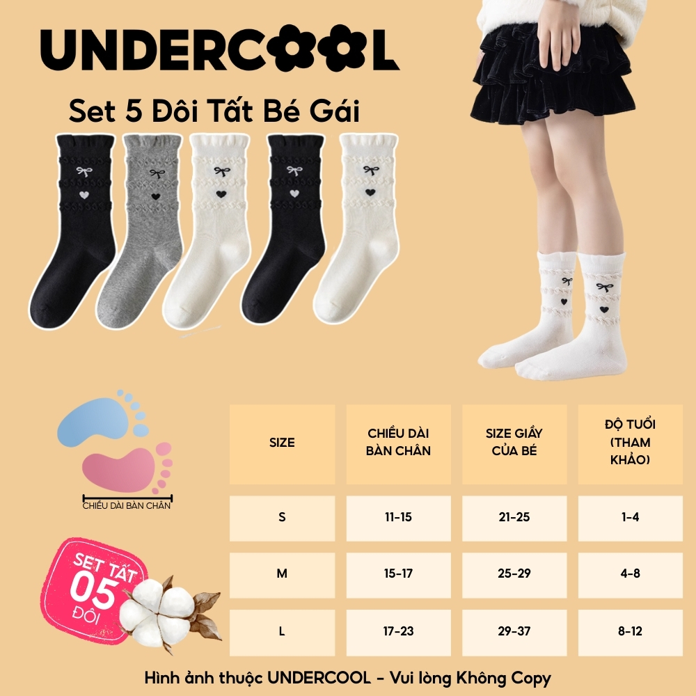 Combo 5 đôi tất cổ cao cotton cho bé gái UNDERCOOL, cổ bèo, hoạ tiết tim nơ, tất bé gái mềm mại tất bé gái cb-tc104