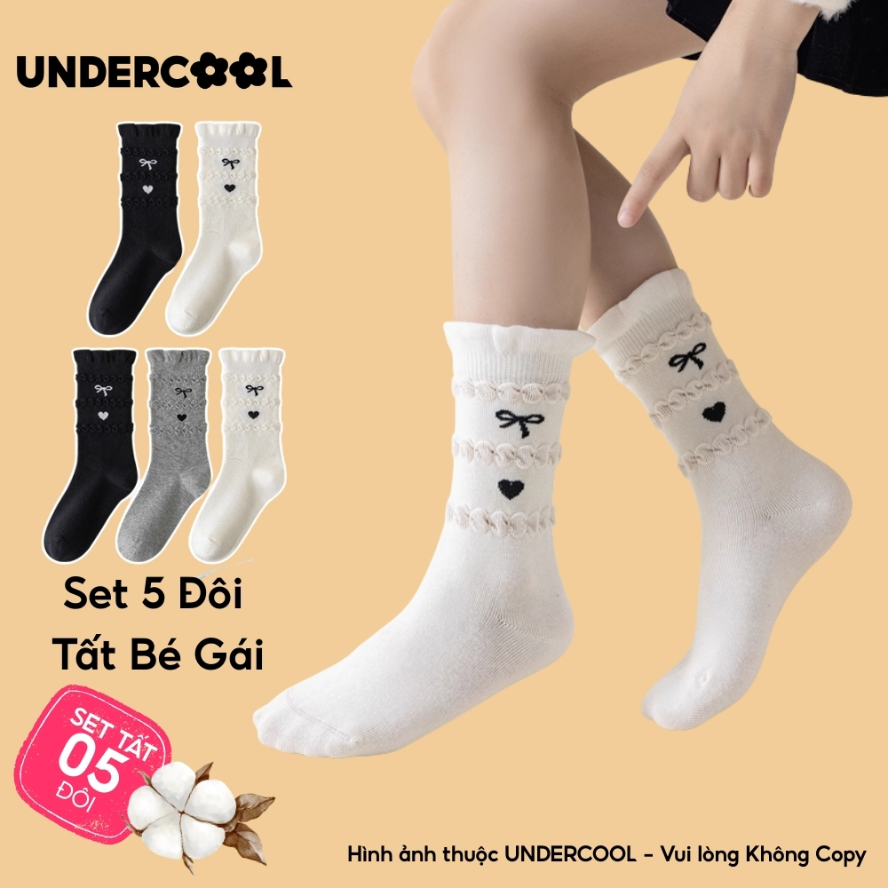 Combo 5 đôi tất cổ cao cotton cho bé gái UNDERCOOL, cổ bèo, hoạ tiết tim nơ, tất bé gái mềm mại tất bé gái cb-tc104