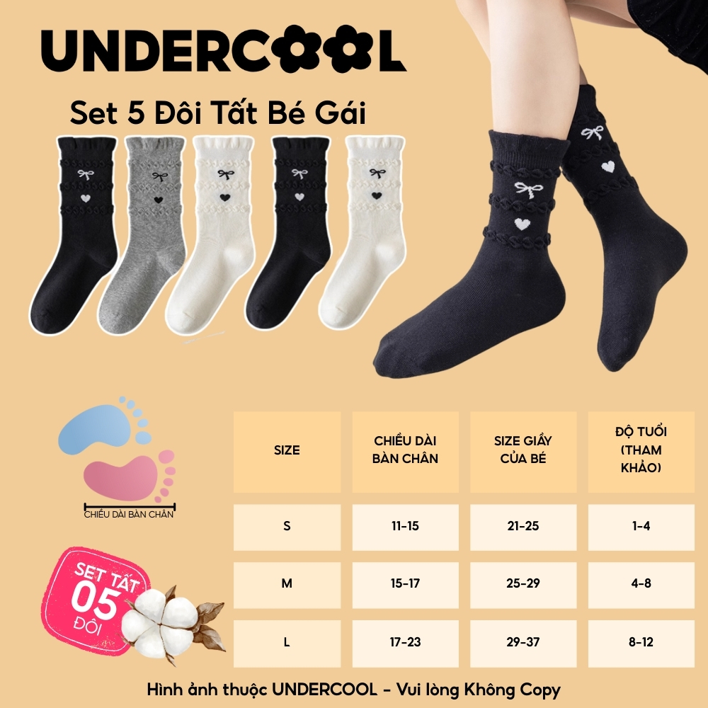 Combo 5 đôi tất cổ cao cotton cho bé gái UNDERCOOL, cổ bèo, hoạ tiết tim nơ, tất bé gái mềm mại tất bé gái cb-tc104