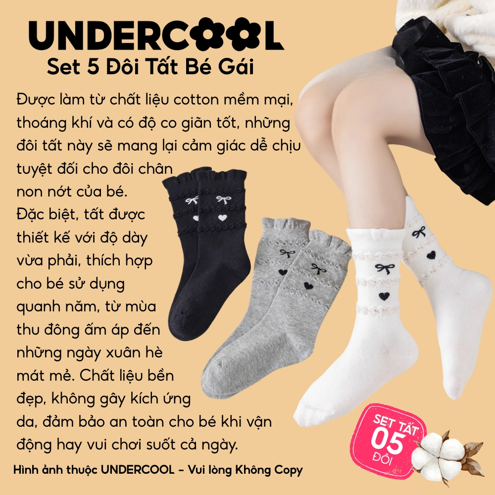 Combo 5 đôi tất cổ cao cotton cho bé gái UNDERCOOL, cổ bèo, hoạ tiết tim nơ, tất bé gái mềm mại tất bé gái cb-tc104