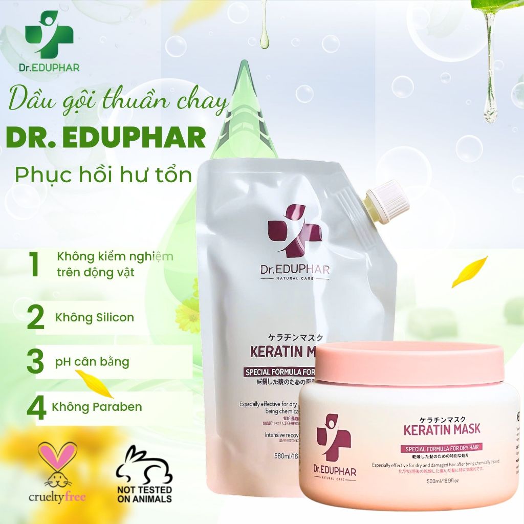 Combo Gội Xả Ủ Tóc Thuần Chay Dr.EDUPHAR 500ml - 750ml | Keratin Dưỡng Tóc Mềm Mượt, Bóng Khỏe Chuẩn Salon