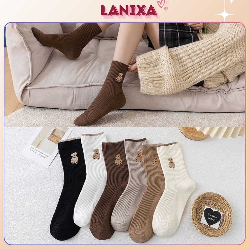 Tất nữ nam cổ cao cute phong cách Vintage hàn quốc cotton dài họa tiết gấu chống hôi chân LANIXA T12