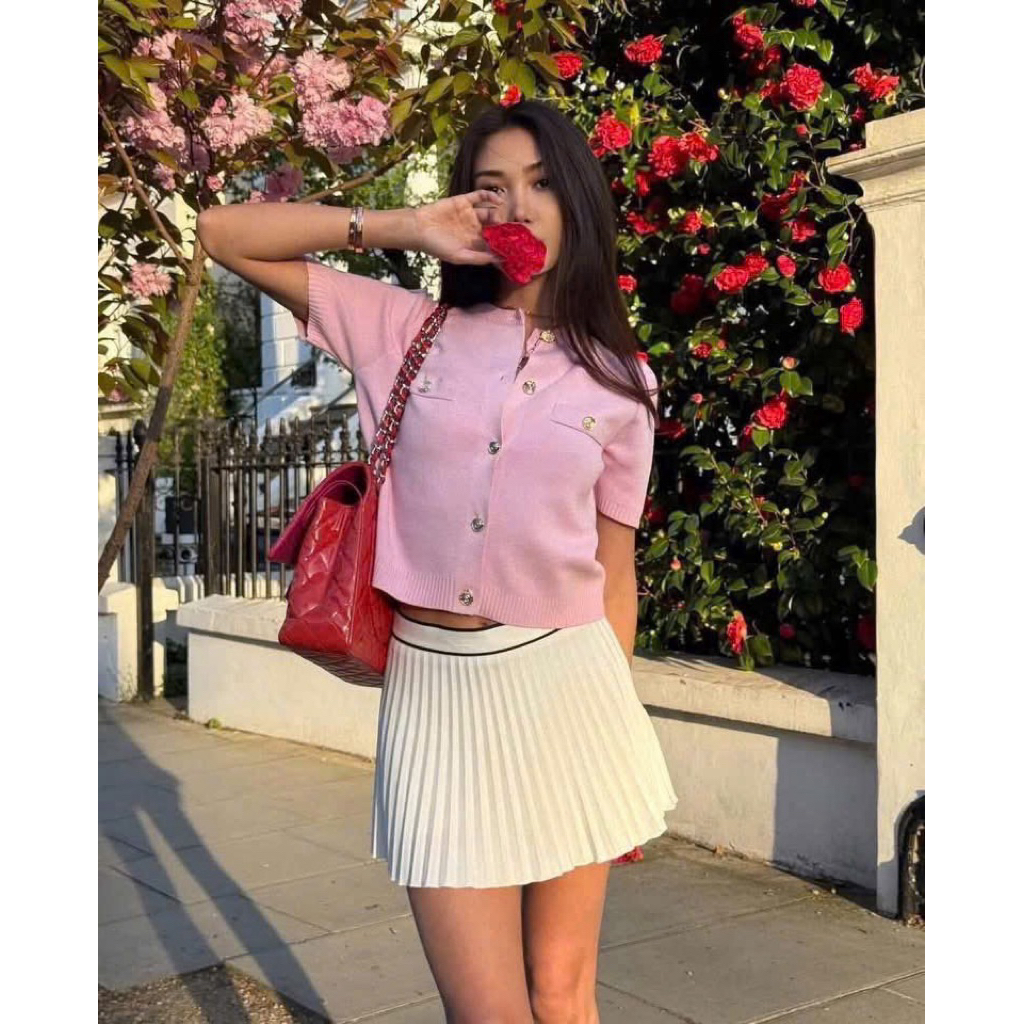 [Sẵn Hàng] Áo Len Nữ Cardigan Tay Ngắn Túi Giả – Màu Hồng Xinh Xắn, Sang Trọng Hàng Chuẩn Xịn