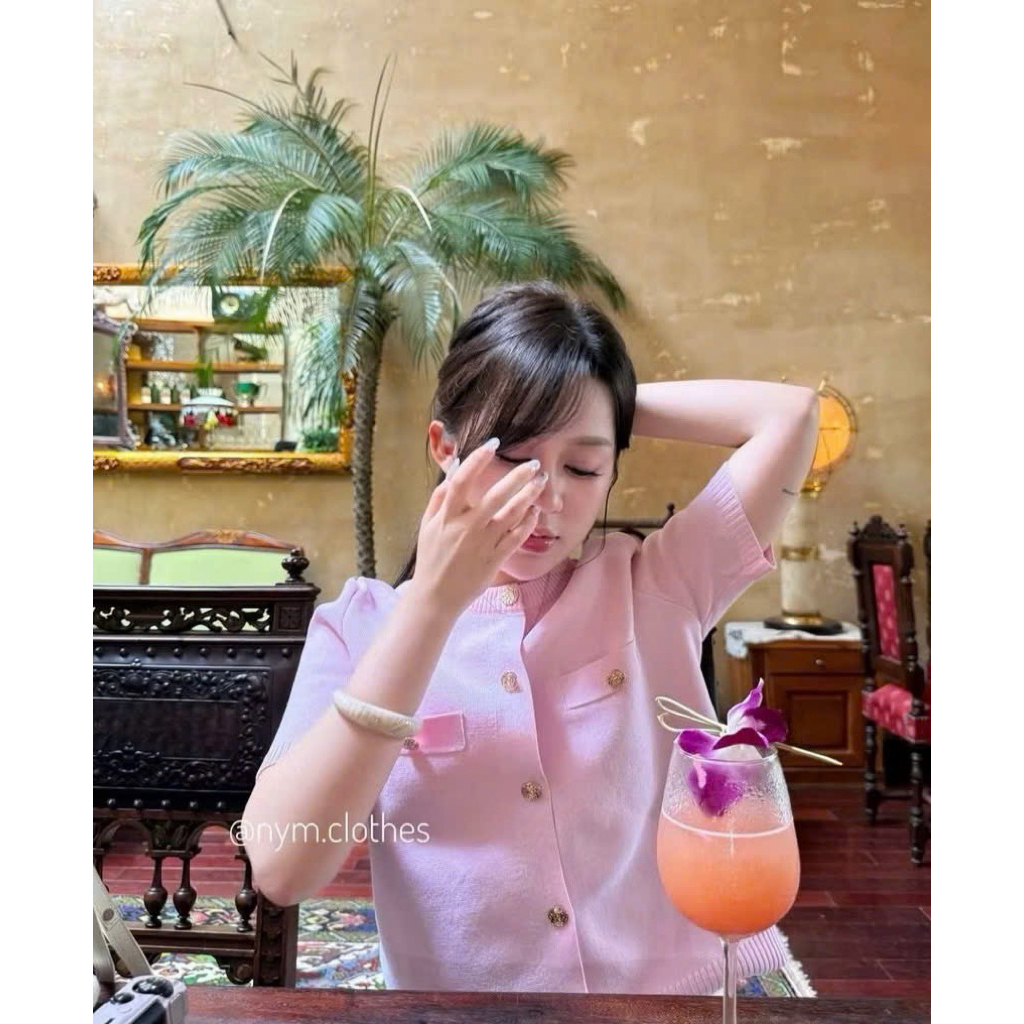 [Sẵn Hàng] Áo Len Nữ Cardigan Tay Ngắn Túi Giả – Màu Hồng Xinh Xắn, Sang Trọng Hàng Chuẩn Xịn