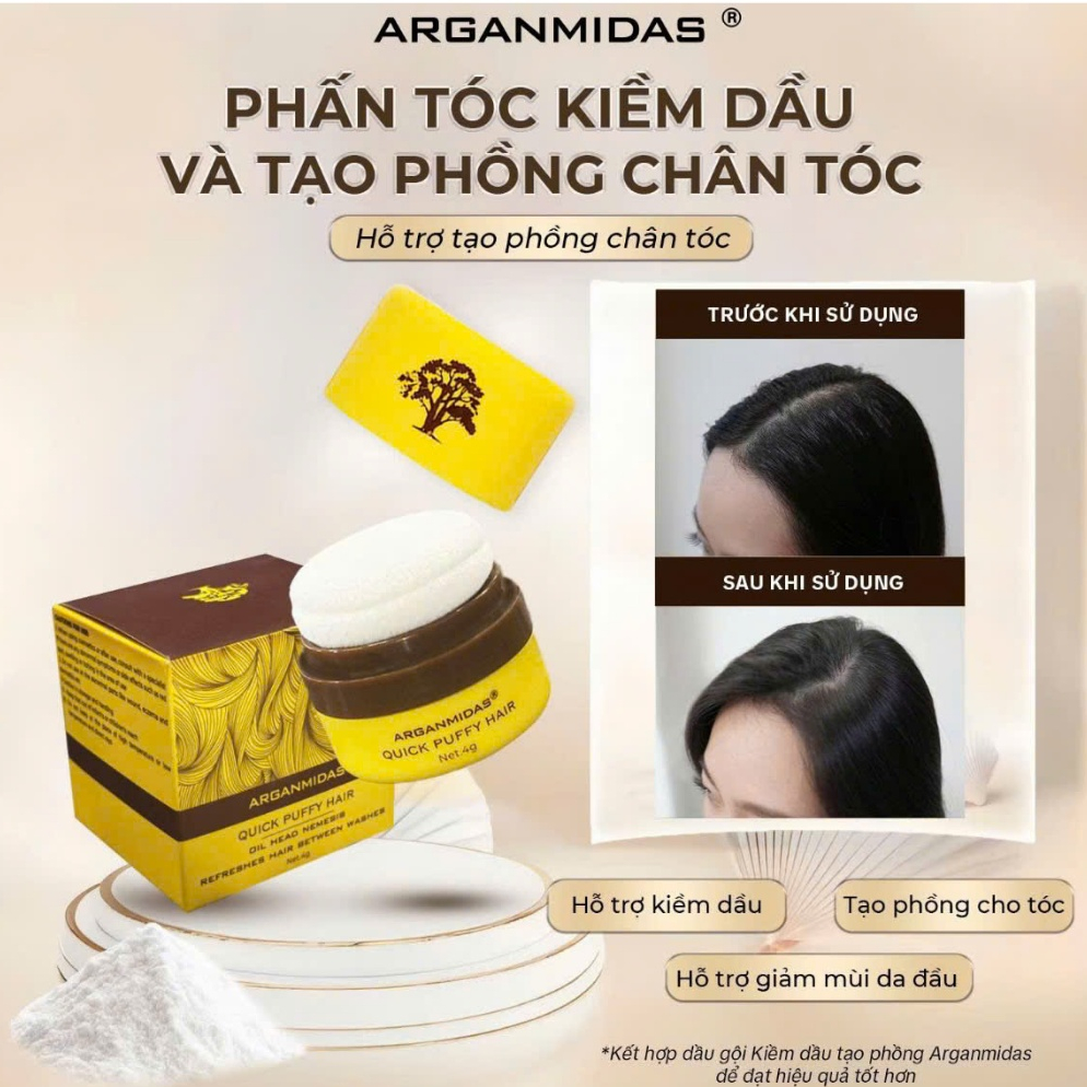 Phấn kiềm dầu tóc Arganmidas tạo phồng tóc, Phấn gội đầu khô mini giảm bết tóc cho tóc bết, dầu, bông tơi tức thì - 4g | BigBuy360 - bigbuy360.vn