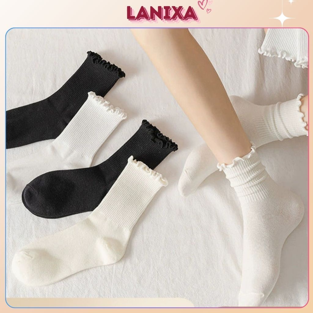 Tất vớ nữ cổ cao trắng vải cotton thời trang kết hợp viền gợn sóng tiểu thư trẻ trung LANIXA T23