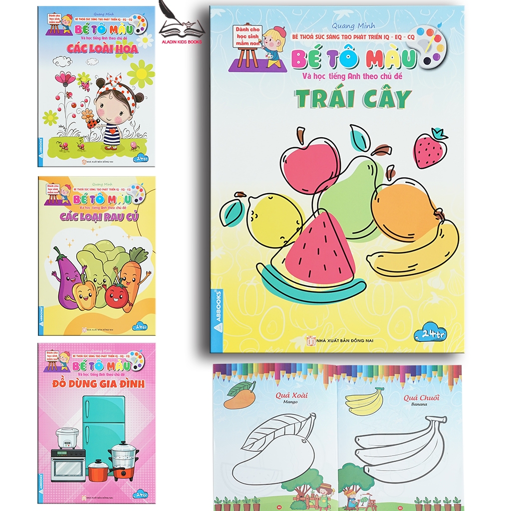 Sách-Bộ 4 Quyển Bé Tô Màu Và Học Tiếng Anh Theo Chủ Đề Hoa, Trái Cây, Rau Củ, Đồ Dùng Gia Đình