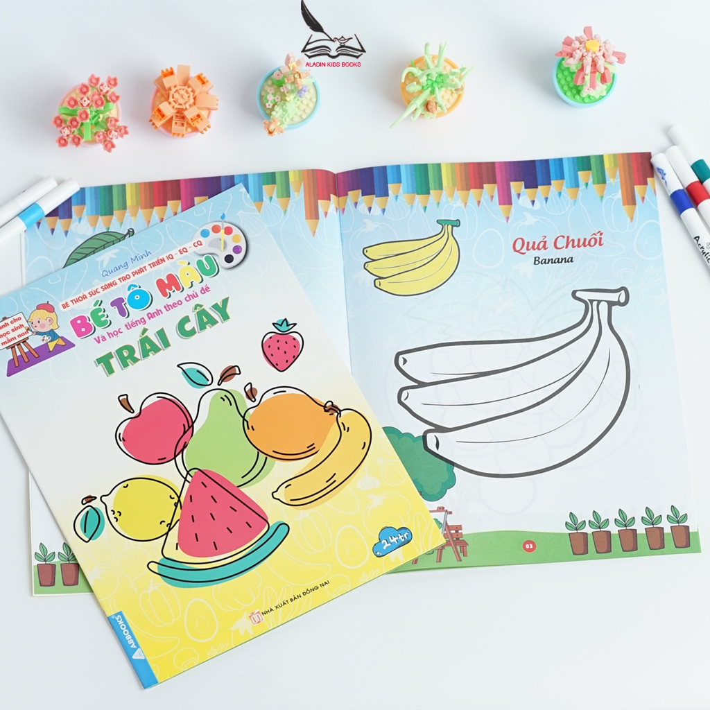 Sách-Bộ 4 Quyển Bé Tô Màu Và Học Tiếng Anh Theo Chủ Đề Hoa, Trái Cây, Rau Củ, Đồ Dùng Gia Đình