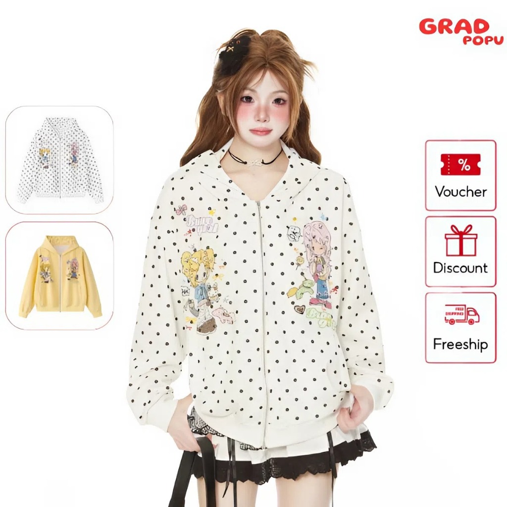 Áo khoác cardigan nữ  GRADPOPU trùm đầu dáng rộng Fudge Pink thu 2025 họa tiết dễ thương AK10