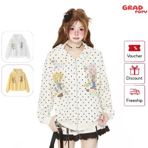 Áo khoác cardigan nữ GRADPOPU trùm đầu dáng rộng Fudge Pink thu 2025 họa tiết dễ thương AK10