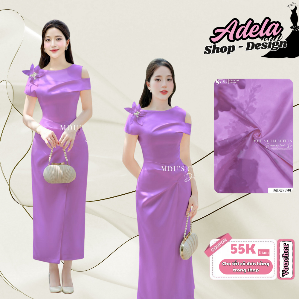 Váy Thiết Kế Sự Kiện ADELA DESIGN Dáng Ôm Suông Dài Cổ Thuyền Chất Lụa Twist Satin MDU5299