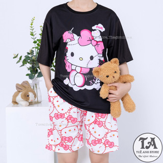 Set bộ Mèo Hello Kitty quần short lững áo cotton hoạt hình Mặc nhóm Đi Biển - Bộ mặc nhà Cartoon form rộng Unisex nam nữ