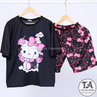 Set bộ Mèo Hello Kitty quần short lững áo cotton hoạt hình Mặc nhóm Đi Biển - Bộ mặc nhà Cartoon form rộng Unisex nam nữ