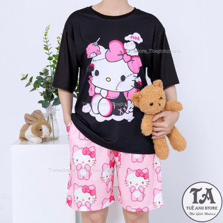 Set bộ Mèo Hello Kitty quần short lững áo cotton hoạt hình Mặc nhóm Đi Biển - Bộ mặc nhà Cartoon form rộng Unisex nam nữ