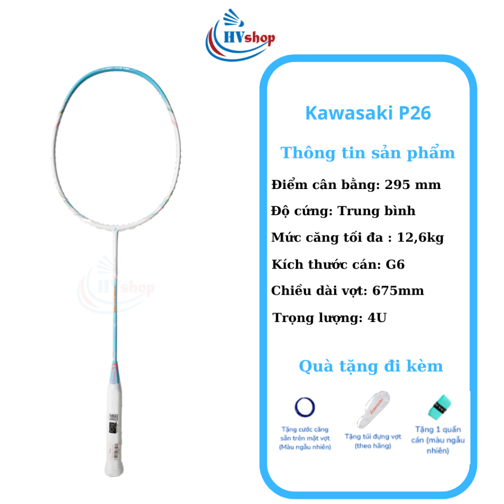 Vợt cầu lông Kawasaki Passion P26 chính hãng, tặng cước căng sẵn, bao đơn và quấn cán - HVShop