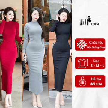 Đầm váy body dáng dài tay dài, Váy Body vải thun gân Quảng Châu co giãn ANZi House AZH11