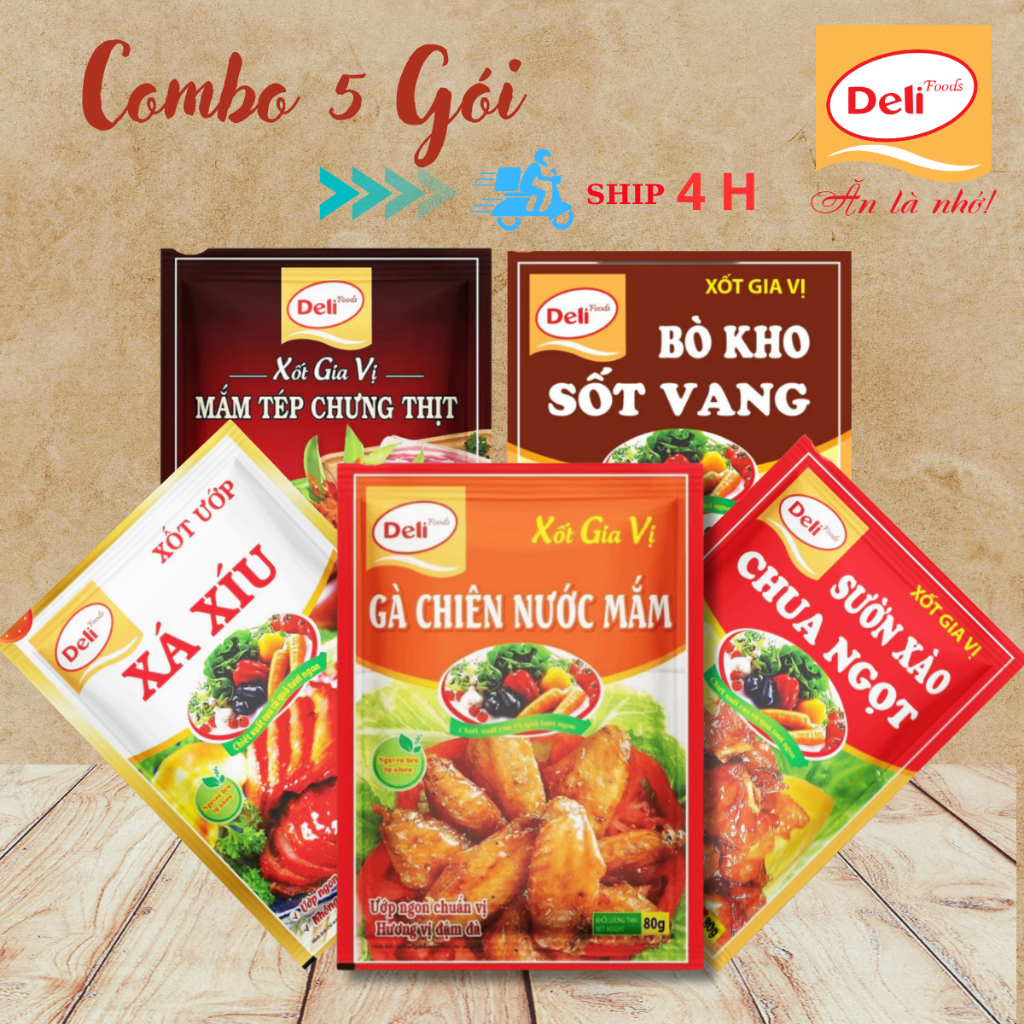 Combo 5 Gia Vị Nấu Ăn Deli Foods 80g – Thịt Chưng Mắm Tép, Xốt Ướp Xá Xíu, Sườn Xào Chua Ngọt, Gà Chiên, Bò Sốt Vang