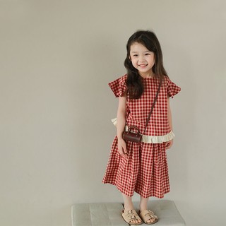Đồ Bộ Bé Gái, Set Đồ Bé Gái Kẻ Caro Phối Bèo Mặc Dễ Thương Chất Liệu Cotton Thoáng Khí