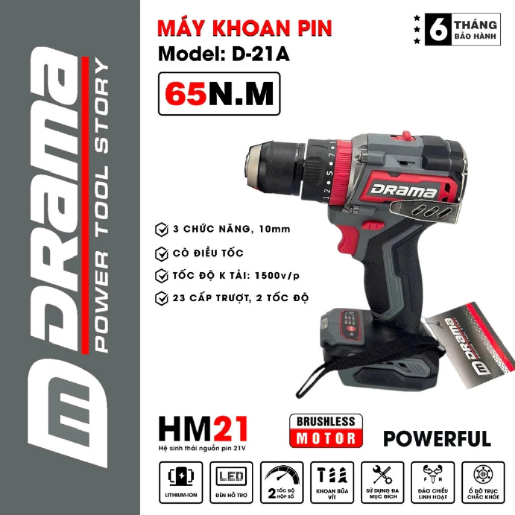 Thân Máy Khoan Pin DRAMA D-21A, 3 Chức Năng Đầu Kẹp 10mm Autolock Động Cơ Không Chổi Than 65Nm Chân Pin Phổ Thông 4Cm