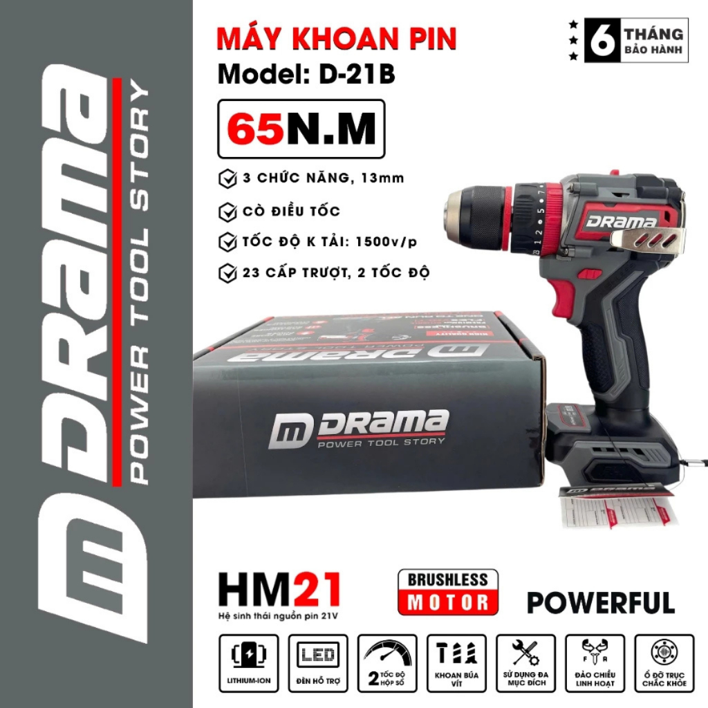 Máy Khoan Pin DRAMA D-21B Động Cơ Không Chổi Than 65Nm 3 Chức Năng Đầu Kẹp 13mm 23 Cấp Độ Trượt Chân Pin Phổ Thông 4CM