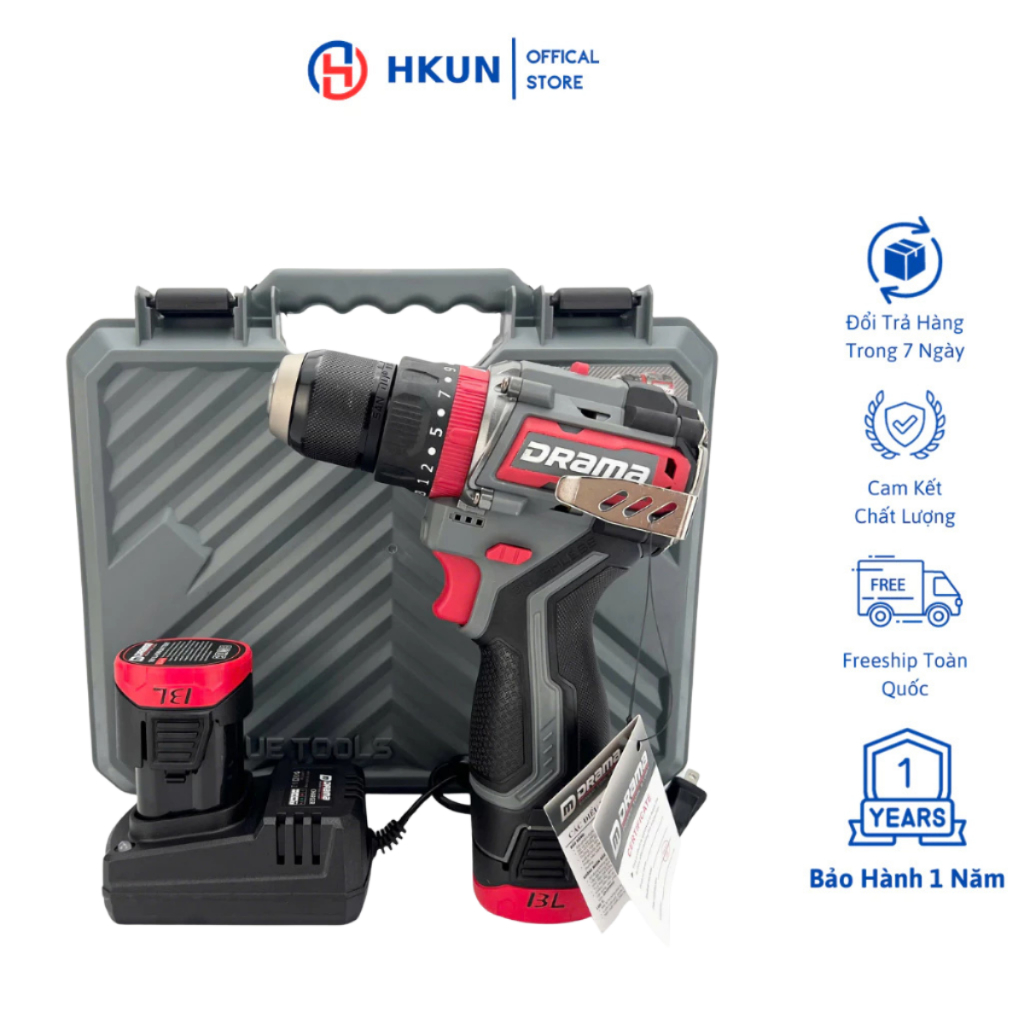 Máy khoan pin DRAMA D-18 Động Cơ Không chổi than 55NM Đầu Kẹp 10mm Autolock 3 Chức Năng, 23 Cấp Trượt