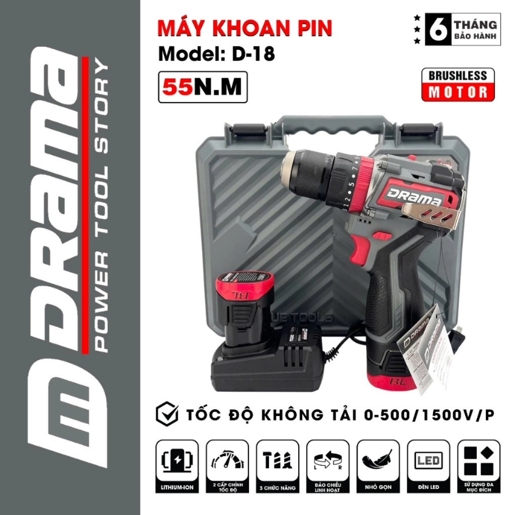 Máy khoan pin DRAMA D-18 Động Cơ Không chổi than 55NM Đầu Kẹp 10mm Autolock 3 Chức Năng, 23 Cấp Trượt