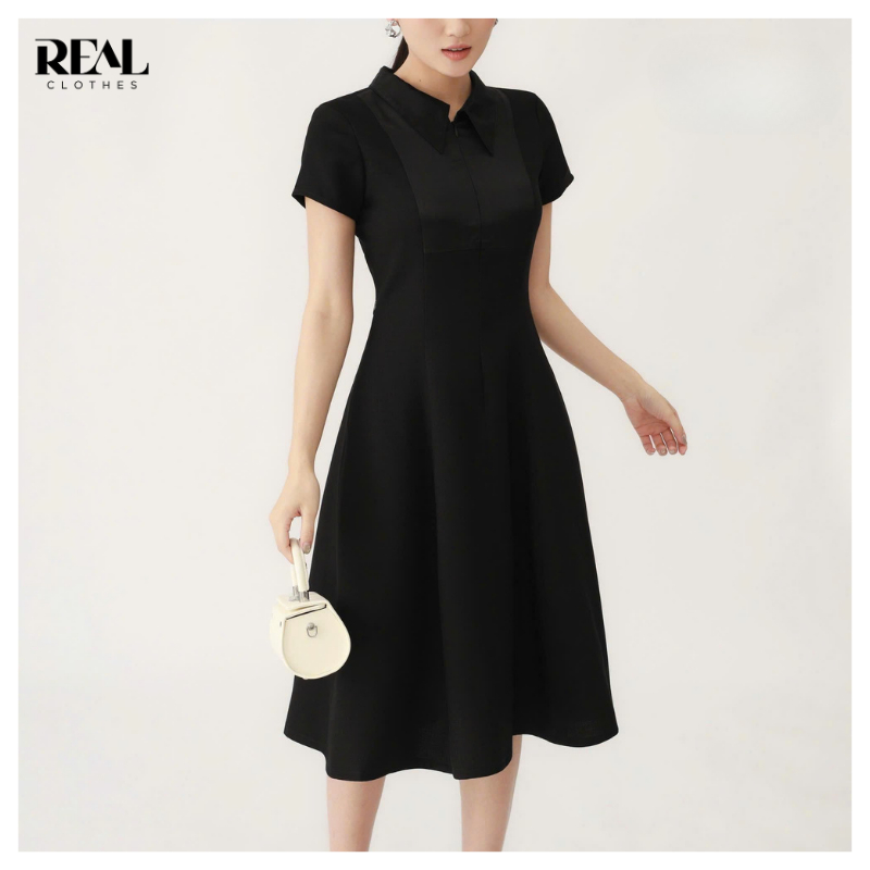 Đầm xòe cổ sơ mi Jennifer đen Real Clothes, vải tweet bố mềm sang trọng, đứng dáng