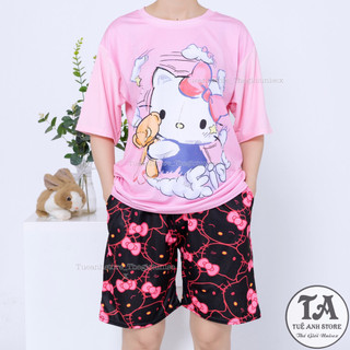 Set bộ quần short lững áo cotton hoạt hình Mèo Hello Kitty Mặc nhóm Đi Biển - Bộ mặc nhà Cartoon form rộng Unisex nam nữ