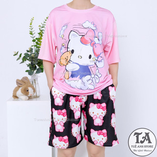 Set bộ quần short lững áo cotton hoạt hình Mèo Hello Kitty Mặc nhóm Đi Biển - Bộ mặc nhà Cartoon form rộng Unisex nam nữ