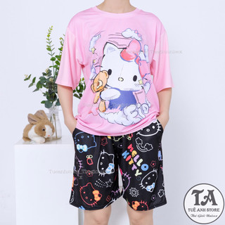 Set bộ quần short lững áo cotton hoạt hình Mèo Hello Kitty Mặc nhóm Đi Biển - Bộ mặc nhà Cartoon form rộng Unisex nam nữ