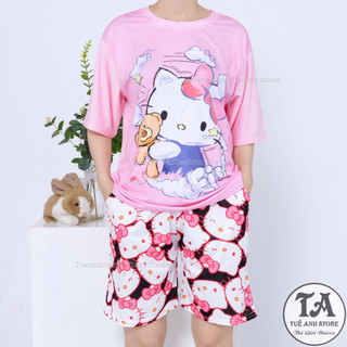 Set bộ quần short lững áo cotton hoạt hình Mèo Hello Kitty Mặc nhóm Đi Biển - Bộ mặc nhà Cartoon form rộng Unisex nam nữ