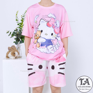 Set bộ quần short lững áo cotton hoạt hình Mèo Hello Kitty Mặc nhóm Đi Biển - Bộ mặc nhà Cartoon form rộng Unisex nam nữ
